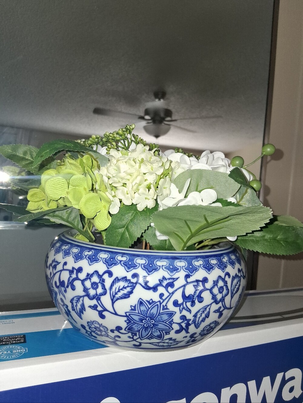 Chinoiserie ceramic bowl With Faux Flowers And Green. 9×9" Approx
